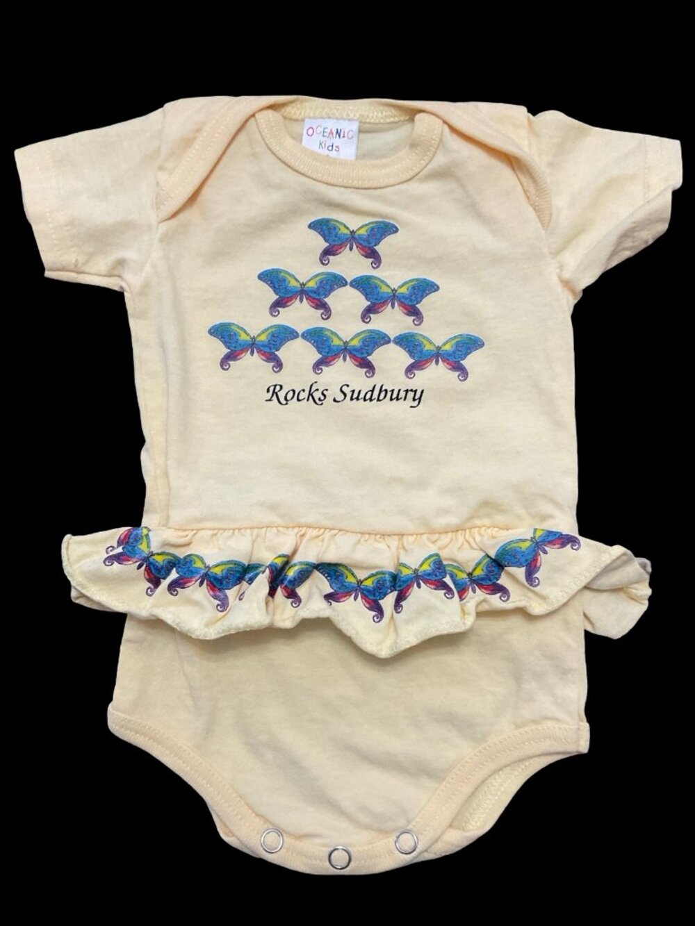 🌻10/$25 - Yellow "Rocks Sudbury" Onesie w/ Butterfly Graphics